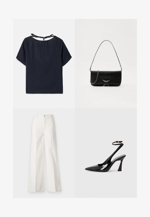 Tmavomodrý ľanový top s širokým výstrihom, krátkymi rukávmi a viazaním na chrbte. Obsahuje jemné vyšívanie v blízkosti výstrihu.; Biele široké nohavice vyrobené z bavlny s hladkou textúrou. Obsahujú predný gombík, zips a dizajn so štyrmi vreckami.; Čierne lakované kožené lodičky na podpätku s špicatou špičkou, nastaviteľným popruhom okolo členka a stredne vysokým blokovým podpätkom. Hladký povrch s lesklým finišom.; Čierna kožená kabelka so strieborným reťazovým popruhom, so zdobnými krídelnými akcentmi a bielym prešívaním pozdĺž dolného švu.