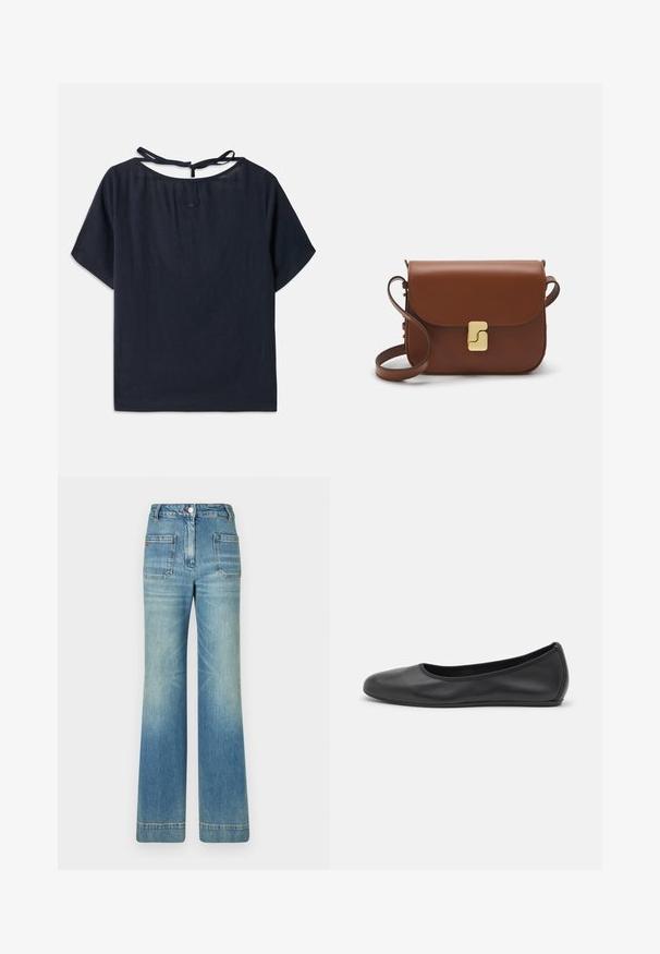 Tamsiai mėlynas lino viršus su plačiu iškirpimu, trumpomis rankovėmis ir raišteliu nugaroje. Yra smulkus siuvinėjimas šalia iškirpimo.; Šviesiai mėlynos džinsinės platėjančios kelnės su penkiomis kišenėmis, diržo kilpojais, mygtuko uždarymu ir šiek tiek nusidėvėjusia struktūra, su raudonu logotipo akcentu ant nugaros.; Juodai odiniai baletai su apvaliu pirštu, lygi texture, minimalus siuvimo detales ir lanksčiu padų dizainu.; Ruda odinė rankinė su uždaromu dangteliu, aukso spalvos detalėmis, petneša ir lygiu paviršiumi. Kompaktiška stačiakampio formos.