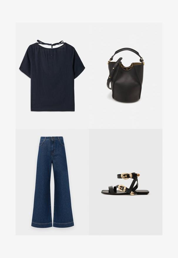 Tummansininen pellavapaita, jossa on leveä kaula-aukko, lyhyet hihat ja nauha selässä. Kaula-aukolla on hillitty brodeeraus.; Siniset farkut leveällä lahkeella ja korkealla vyötäröllä, jossa on nappikiinnitys, vyölenkit sekä huomaamattomat tikkaus yksityiskohdat taskuissa ja lahkeissa.; Mustat nahkakengät kultaisilla solkiyksityiskohdilla, joissa on useita hihnoja ja litteä pohjarakenteinen muotoilu avonaisille varpaille.; Mustan nahka-buckettikassi, jossa on teksturoitu pinta, kultaiset metalliosat ja avoin yläosa. Ominaisuuksiin kuuluu lyhyt kahva ja säädettävä olkahihna.