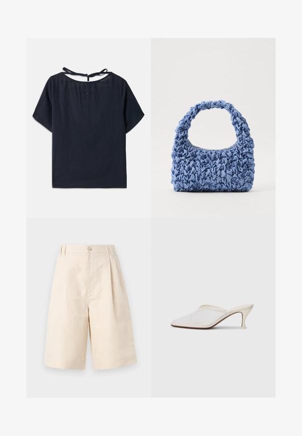 Granatowa lniana bluzka z szerokim dekoltem, krótkimi rękawami i wiązaniem z tyłu. Posiada subtelne hafty przy dekolcie.; Beżowe lniane szorty o luźnym kroju, z zapięciem na guzik, plisowanym designie i długości sięgającej kolan. Gładka tekstura i prosty styl.; Białe melanżowe mule z ostro zakończonym noskiem, o smukłym średnim obcasie i wsuwanej konstrukcji na jednolitym tle.; Niebieska torebka z tkaniny o zebranej fakturze i grubym, falbaniastym uchwycie. Posiada subtelne paski w całej powierzchni. Kompaktowy prostokątny kształt.
