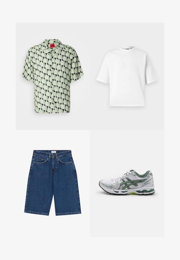 Košile s krátkým rukávem v světle zelené barvě s námořnickým abstraktním vzorem listů. Má límec typu camp a černé knoflíky. Hladká textura látky.; Bílá krátká tričko s krátkým rukávem vyrobené z bavlny. Má klasický kulatý výstřih a volný střih s hladkou texturou. Bez vzorů nebo akcentů.; Denim šortky v tmavě modré barvě, s pěti kapsami, rovný střih a viditelnými švy. Hladký povrch a střední pas.; Bílé běžecké boty se stříbrnými akcenty, zeleným síťovaným límcem a zelenými pruhy. Mají texturovaný síťovaný svršek a polstrovanou podrážku.