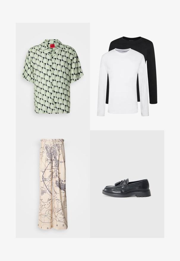 Kortærmet button-up skjorte i lys grøn med et marineblåt abstrakt bladmønster. Har en camp krave og sorte knapper. Glat stof tekstur.; To lange ærmede skjorter, en sort og en hvid, lavet af bomuld med rund hals og en glat tekstur, vist i en stakket opstilling.; Breddebenede bukser med korttryk i marineblå på en beige baggrund, med plisserede detaljer ved taljen og en afslappet pasform.; Sorte læder loafers med rund tå, en rem med kvaster og en kraftig sål med mønster. Glat tekstur og klassisk design.