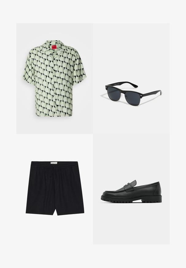 Short-sleeve button-up shirt in light green with a navy abstract leaf pattern. Features a camp collar and black buttons. Smooth fabric texture.; Black, elastic waist shorts with a drawstring, featuring a smooth texture and straight cut, suitable for casual wear.; Black leather loafers with a rounded toe, featuring a stitched design, low platform sole, and a textured, lugged rubber outsole.; Black sunglasses with a rectangular shape, dark lenses, silver accents at the temples, and a matte finish on the frame.