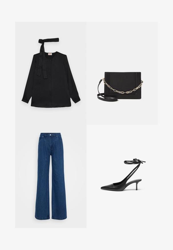 Bluză neagră cu mânecă lungă dintr-un material fin, având un gât cu nasturi și un detaliu legat la gât. Culoare clasică a gulerului și mâneci cu manșete.; Jeans din denim albastru, cu pantaloni largi, talie înaltă, închidere cu buton și fermoar frontal, și buzunare în față și în spate, pe un fundal simplu.; Pantof de stiletto din piele neagră, cu vârf ascuțit, spate deschis și curele pentru gleznă legate în fundă. Toc subțire de 3 inci. Textură netedă, design minimalist.; Geantă de umăr din piele neagră, cu o textură netedă, formă rectangulară și un detaliu din lanț metalic în față. Include curea reglabilă.