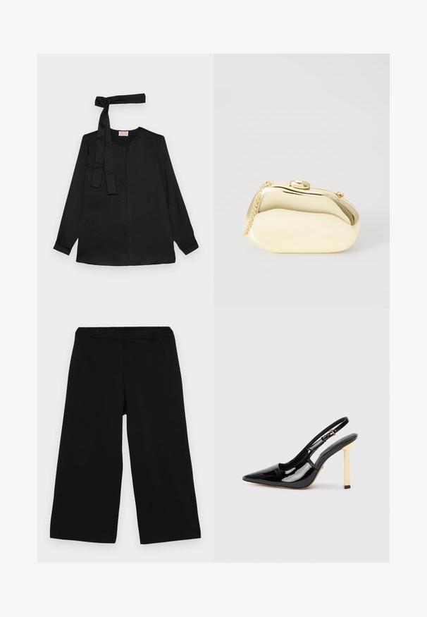 Black long-sleeve blouse in smooth fabric, featuring a button-down front and a tie detail at the neckline. Classic collar and cuffed sleeves.; Black wide-leg pants with an elastic waistband. Made of smooth fabric, featuring a simple, clean design without pockets or embellishments.; Black patent leather slingback high-heel shoe with pointed toe and gold-tone square heel accent. Features adjustable ankle strap.; Metallic gold clutch with a smooth, rounded shape, featuring a top button clasp and a small chain strap for carrying.