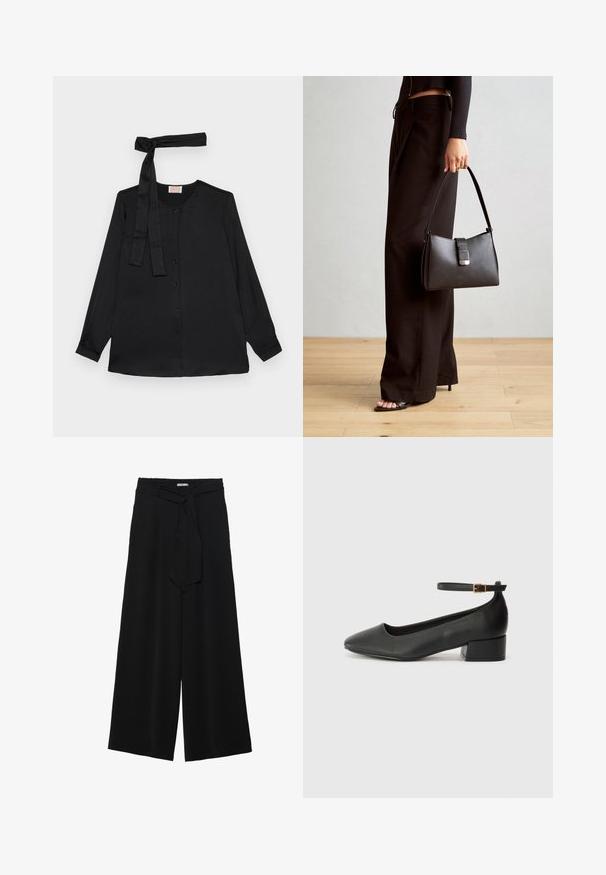 Svart bluse med lange ermer i glatt stoff, med knepping foran og en knyttedetalj ved halsen. Klassisk krage og mansjetter.; Svart vide bukser med teksturert stoff, elastisk midje og avtagbart belte som gir justerbar passform.; Sorte skinnpumper med spiss tå og lav blokkhelt. Har ankelrem med gullfarget spenne. Glatt tekstur.; Svart håndveske med strukturert form, jevn tekstur og metallisk lås. Kombinert med brede svarte bukser og sandaler med åpen tå på tregulv.