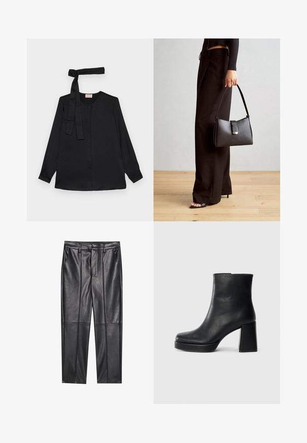 Svart bluse med lange ermer i glatt stoff, med knepping foran og en knyttedetalj ved halsen. Klassisk krage og mansjetter.; Sorte lærbukser med en glat tekstur, der har en lige pasform, to forlommer og synlige sømdetaljer.; Sorte skinnankelsko med blokkhæl og plattformsåle, sett fra siden på en enkel hvit bakgrunn.; Svart håndveske med strukturert form, jevn tekstur og metallisk lås. Kombinert med brede svarte bukser og sandaler med åpen tå på tregulv.