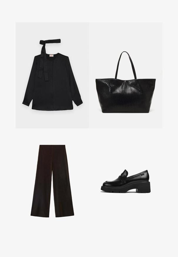Černá blůza s dlouhým rukávem z hladkého materiálu, s knoflíkovou légou a detailem zavazování u výstřihu. Klasický límec a manžety na rukávech.; Černé široké kalhoty vyrobené z měkké látky, s vysokým pasem a hladkým povrchem, s čistými liniemi a bez viditelných zapínání.; Černý kožený mokasín s robustním podpatkem a silnou podrážkou, s páskovým detailem přes horní část, zobrazený z boku na bílém pozadí.; Černá tkaná taška přes rameno s dvěma pevným uchy, má lesklou texturu a prostorný otevřený vrch.