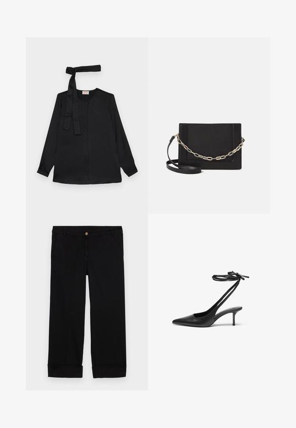 Musta pitkähihaine paita sileästä kankaasta, jossa on napitettava etuosa ja nauhan yksityiskohta kauluksessa. Klassinen kaulus ja hihansuissa napit.; Mustat puuvillapöksyt, joissa on suora lahje, etutaskut, kultainen nappikiinnitys ja käänteet. Tasainen rakenne.; Mustat nahkaiset stiletto-kengät, joissa on terävä kärki, avoin takaosa ja nilkkahihnat solmittuina rusetiksi. Kapea 3-tuumainen korko. Tasainen pinta, minimalistinen muotoilu.; Musta nahkainen olkalaukku, jossa on sileä pinta, suorakulmainen muoto ja metalliketju yksityiskohtana edessä. Mukana säädettävä hihna.