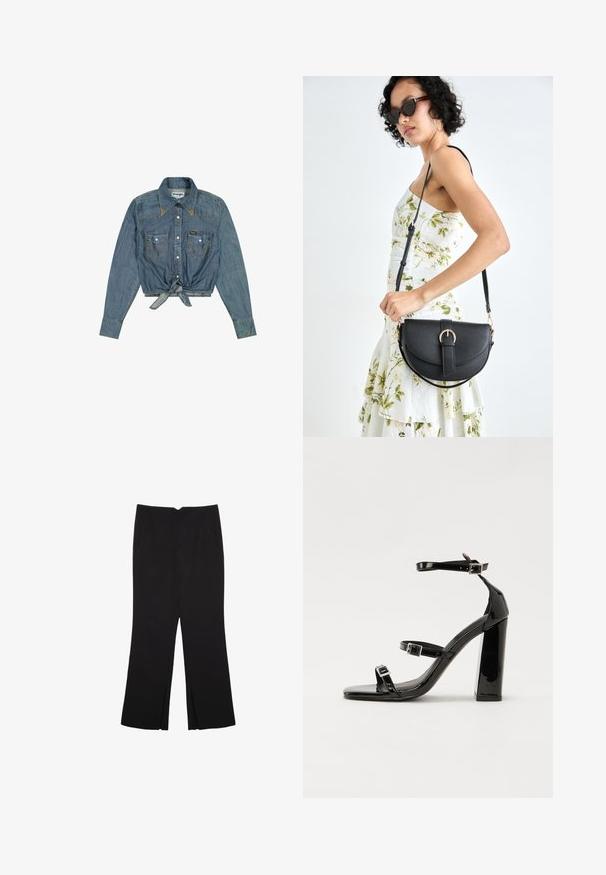 Veste courte en denim bleu avec manches longues, devant boutonné, deux poches poitrine et détail noué à la taille ; présente des coutures contrastantes.; Pantalon noir avec une coupe droite, doté de poches avant et d'éclairs sur l'ourlet. Fabriqué en tissu doux et lisse. Convient à diverses occasions.; Sandales à talons hauts en cuir verni noir avec deux brides à boucles, bout carré et talon bloc épais, présentant une texture lisse et brillante.; Sac à main en cuir noir avec une forme courbée, bandoulière amovible et des accessoires en or. Le sac est doté d'un rabat avec un détail de boucle.