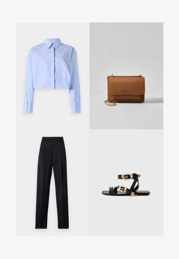 Skrajšan svetlo moder srajca z vertikalnimi belimi črtami, gumbi spredaj, ovratnik in ena žep na prsih. Ima dolge rokave z gumbnimi manšetami.; Črne hlače iz gladkega materiala, ki imajo visok pas, široke noge, sprednje nabore in klasične zanke za pas. Nevidni stranski žepi.; Črne usnjene sandale z zlatimi zaponkami, ki imajo več trakov in ravno podplati za nošenje brez prstov.; Rjava teksturirana usnjena torba čez ramo z zlatim verižnim trakom in zapiranjem na pokrov. Spredaj je vidna podrobnost logotipa in žep pod pokrovom.