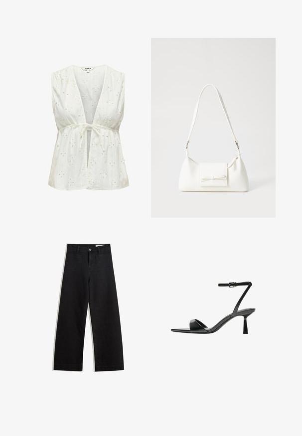 White sleeveless blouse with a deep V-neck and tie waist. Features eyelet embroidery with floral patterns, soft texture, and lightweight fabric.; Black wide-leg denim pants with a high waist, featuring front and back pockets, stitched seams, and a button closure. Smooth texture.; Bershka High heeled sandals - black; White synthetic handbag with a triangular shape, flat front flap and bow detail, adjustable strap, smooth texture, and minimalistic design.