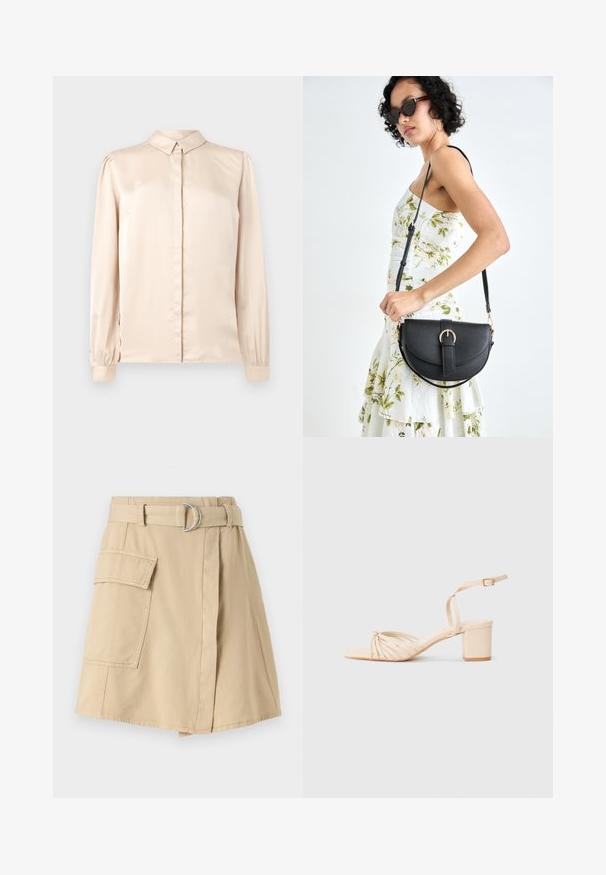 Beige satin long-sleeve shirt with button-down collar, front placket, and gathered puff sleeves at the cuffs. Smooth, glossy texture.; Beige cotton skirt with a side pocket, belted waist featuring a silver ring, and a slight A-line shape. Smooth texture and simple design.; Beige strappy heeled sandal with a square toe, twisted front design, ankle strap, and block heel. Smooth texture, minimalistic style.; Black leather handbag with a curved shape, detachable strap, and gold hardware. The bag features a flap with a buckle detail.