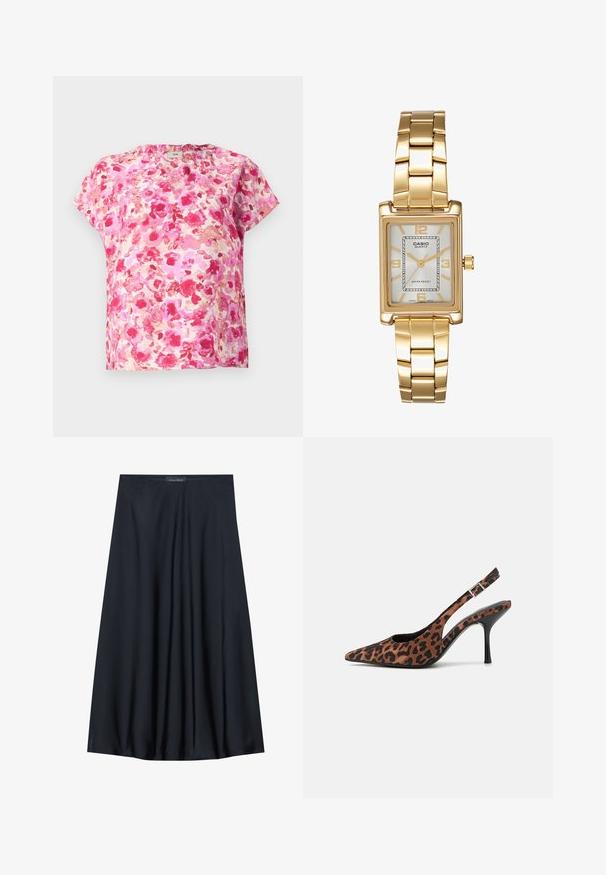 Blomsterprintet kortærmet top i nuancer af pink og koral, med en løs pasform, rund halsudskæring og blødt stof med akvarelmønster.; Sort, knælang nederdel lavet af letvægtsstof med et svævende design. Har en glat tekstur og subtile plisseringer for en ekstra detalje.; Slyngehæle med leopardmønster og spids tå, sort blank hæl og justerbar ankelrem. Blødt materiale med en tekstureret finish.; Guldtonet rektangulær armbåndsur med en hvid skive, sølvtonede time markører og et holdbart metalled. Vandafvisende funktion inkluderet.