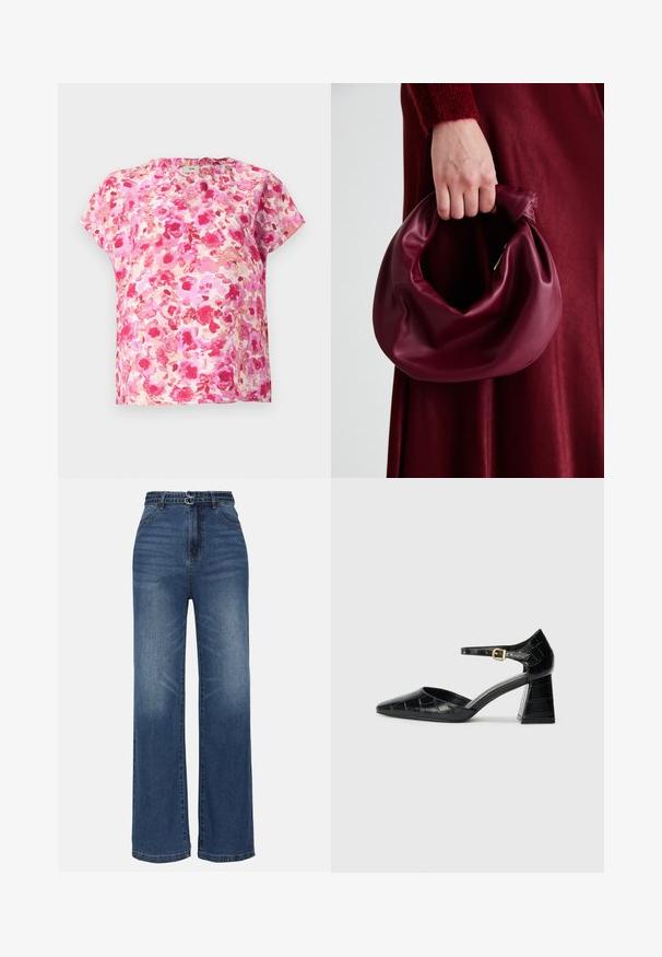 Virágmintás, rövid ujjú felső rózsaszín és korall árnyalatokban, laza szabással, kerek nyakkivágással és puha anyaggal, amely vízfesték mintázatú.; Széles szárú kék farmernadrág magas derékkal, két fém csattal, finom kopással és hagyományos öt zsebes dizájnnal.; Fekete lakkbőr magassarkú cipő hegyes orral, bokapánttal és texturált krokodilmintával. Négyzet alakú blokk sarok kialakítás.; Burgundi bőrtáska puhán ráncolt dizájnnal és kerek alakban. A fogantyú rögzítve van, sima textúrával rendelkezik.