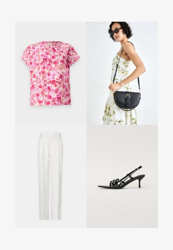 Floral short-sleeve top in shades of pink and coral, featuring a loose fit, round neckline, and soft fabric with a watercolor pattern.; White pinstriped trousers with a straight leg design, made from a lightweight fabric. Features pleats at the front and a traditional waistband.; Black slingback high-heel shoe with a pointed toe, featuring multiple narrow straps and circular accents across the front.; Black leather handbag with a curved shape, detachable strap, and gold hardware. The bag features a flap with a buckle detail.