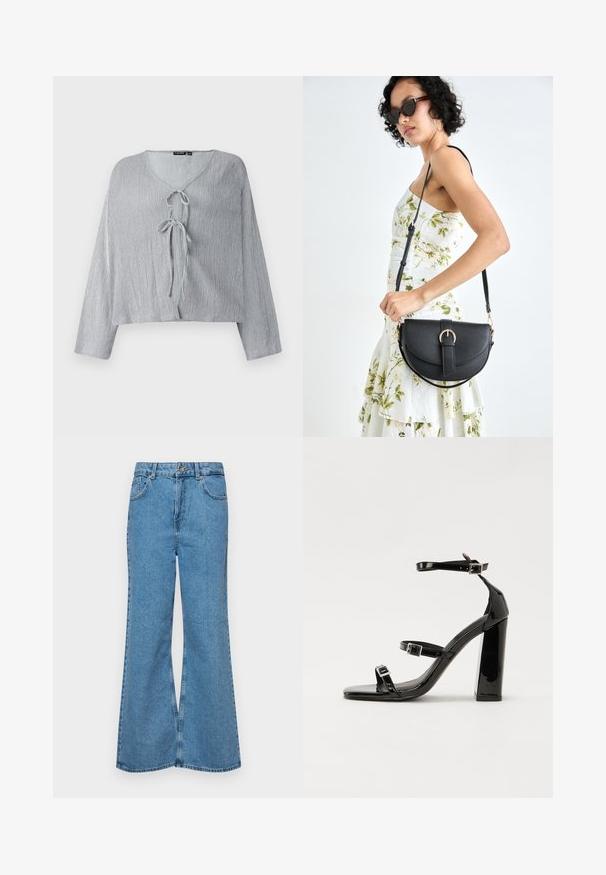 Lys grå cropped bluse med lange ærmer, V-hals og frontbinding. Struktureret stof viser subtile lodrette linjer.; Lyseblå vide jeans laget av denim, med høyt liv, fem lommer og en enkelt knappelukking. Myk tekstur med falmet finish.; Svart høyglans sandaler med hæl, firkantet tå, ankelremmer og sølvspenner. Har en kraftig blokkhæl for stabilitet.; Svart lærveske med en buet form, avtagbar stropp og gullbeslag. Vesken har et klaff med spenne-detall.