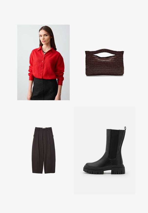 Jonge vrouw met lang bruin haar, gekleed in een rode knopenhemd en een zwarte rok, staand tegen een effen lichte achtergrond.; Zwarte wijde broek gemaakt van een gladde stof, met een hoge taille, voorplooien en zijzakken. Eenvoudig ontwerp zonder versieringen.; Zwarte enkellaars van leer met een gestructureerd oppervlak, elastische zijpanelen en een dikke, geribbelde zool voor extra grip.; Geweven bruin leren handtas met een afgeronde bovenhandgreep en een open silhouet, met een gestructureerd oppervlak en een strak, minimalistisch ontwerp.