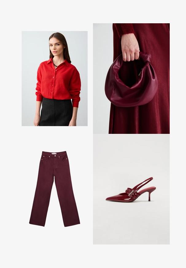 Młoda kobieta z długimi brązowymi włosami, ubrana w czerwoną koszulę na guziki i czarną spódnicę, stojąca na jednolitym jasnym tle.; Bordowe jeansy z wysokim stanem i prostymi nogawkami, z przednimi kieszeniami, zapięciem na guzik oraz mosiężnymi akcentami.; Czerwone lakierowane czółenka na klocku z zaokrąglonym noskiem, dwoma paskami z klamrami oraz smukłym, średniej wysokości obcasem w stylu stiletto. Gładka tekstura.; Bordowa skórzana torebka o miękkim, marszczonym wyglądzie i zaokrąglonym kształcie. Uchwyt jest zabezpieczony, co podkreśla gładką fakturę.