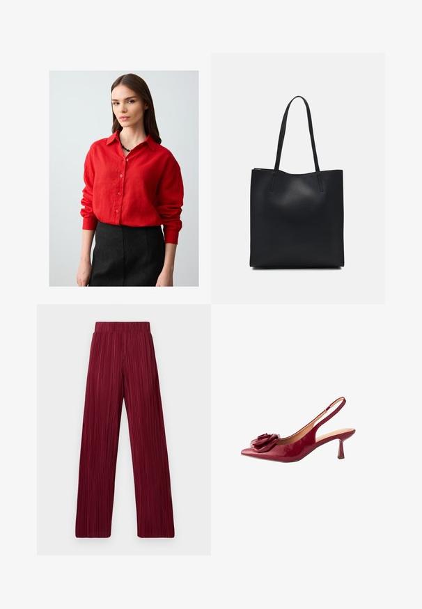 Jonge vrouw met lang bruin haar, gekleed in een rode knopenhemd en een zwarte rok, staand tegen een effen lichte achtergrond.; Bordeaux kleurige plooibroek met wijd gesneden pijpen en een elastische tailleband. De stoffen zijn textuur met verticale strepen. Rechte snit tot aan de zoom.; Next FOREVER COMFORT CORSAGE SLINGBACK - Klassieke pumps - red; Zwarte leren handtas met een gladde textuur, rechthoekige vorm en twee lange handvaten. Geen zichtbare hardware of versieringen.