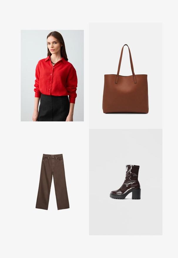 Young woman with long brown hair wearing a red buttoned shirt and black skirt, standing against a plain light background.; Wide-leg brown jeans made of denim, featuring a high waist, front pockets, and a classic button closure. Smooth texture with subtle stitching.; Glossy burgundy ankle boot with a chunky black heel, featuring a smooth texture and simple design. No visible fastenings or patterns.; Brown leather tote bag with a smooth texture, open top design, and two shoulder straps. Features minimal stitching and no visible hardware.