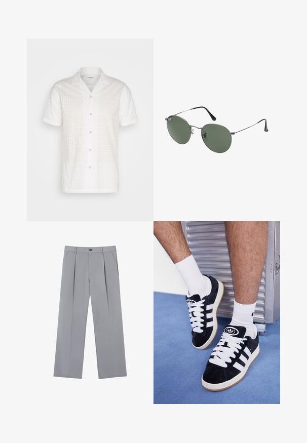 Rövid ujjú fehér ing texturált mintával és lyukakkal, gombos elejű és klasszikus gallér dizájnnal.; Fehér, rövid ujjú pamut póló, kerek nyakkivágással és laza szabással. Simább textúra, látható minták vagy díszítések nélkül.; Szürke, lazább fazonú, pliszírozott nadrág, könnyű anyagból készült. Elöl zsebekkel és gombos derékkal rendelkezik.; Fekete velúr sportcipők fehér fűzőkkel és három fehér csíkkal. A nyelvén egy kör alakú fekete logó található, valamint egy gumis talp.; Fémkeretes napszemüveg ovális zöld lencsékkel. Vékony ezüst színű fémkeret és fekete fülrész. Minimalista dizájn, látható logók nélkül.