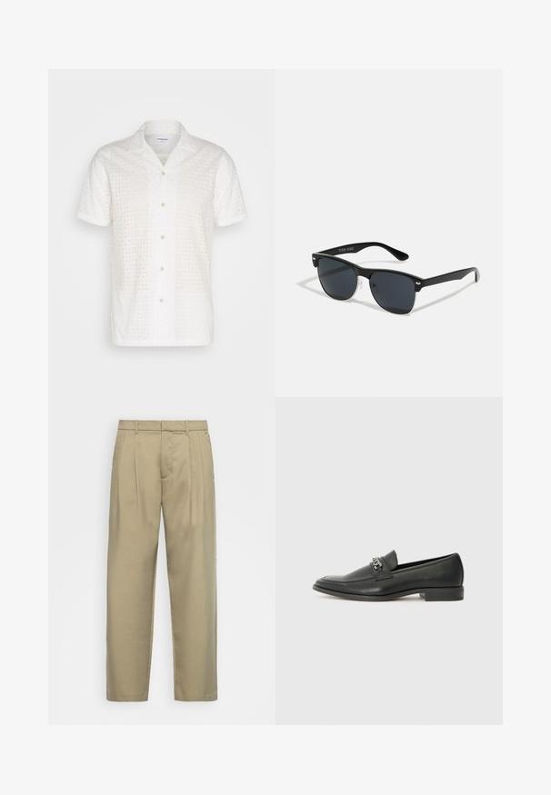 Korte mouw witte blouse met een gestructureerd patroon en gaatjes, voorzien van een knoopsluiting aan de voorkant en een klassieke kraag.; Beige, hoge taille broek met een rechte snit, voorzien van een platte voorkant, zijzakken en een gladde, gestructureerde stof.; Zwarte leren instapper met een gladde afwerking, voorzien van een gestikt ontwerp en een decoratieve metalen kettingaccent over de wreef. Platte hak.; Zwarte zonnebril met een rechthoekige vorm, donkere lenzen, zilveren accenten bij de slapen en een matte afwerking op het montuur.