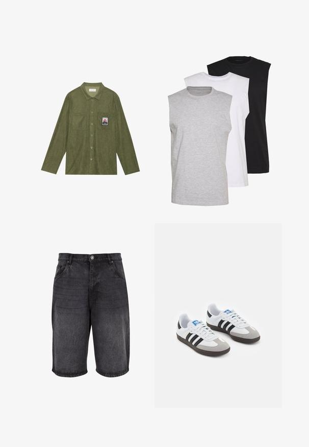 Olivgrünes Cordhemd mit langen Ärmeln, Knopfverschluss, zwei Brusttaschen und einem Berggrafik-Patch auf der linken Tasche.; Drei ärmellose T-Shirts in Grau, Weiß und Schwarz. Weiches Baumwollmaterial mit Rundhalsausschnitt und lockerer Passform. Einfaches Design, keine Muster.; Schwarze Jeansshorts mit lockerer Passform, fünf Taschen Design und Knopfverschluss. Der Stoff hat eine glatte Textur mit dezentem Verblassen.; Sportschuhe mit einem Obermaterial aus weißem Leder, grauer Wildleder-Zehenkappe und drei schwarzen Streifen. Sie verfügen über ein blaues Logo auf der Zunge und eine strukturierte Gummisohle.