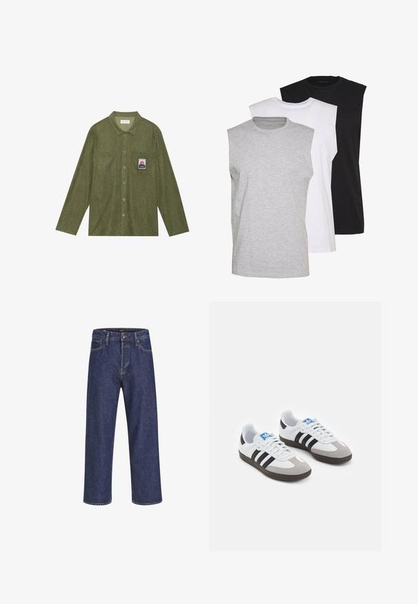 Olivgrünes Cordhemd mit langen Ärmeln, Knopfverschluss, zwei Brusttaschen und einem Berggrafik-Patch auf der linken Tasche.; Drei ärmellose T-Shirts in Grau, Weiß und Schwarz. Weiches Baumwollmaterial mit Rundhalsausschnitt und lockerer Passform. Einfaches Design, keine Muster.; Dunkelblaue Denim-Jeans mit geradem Schnitt, Fünf-Taschen-Design, Metallknopfverschluss und kontrastierenden Nähten, die eine dezente Textur aufweisen.; Sportschuhe mit einem Obermaterial aus weißem Leder, grauer Wildleder-Zehenkappe und drei schwarzen Streifen. Sie verfügen über ein blaues Logo auf der Zunge und eine strukturierte Gummisohle.