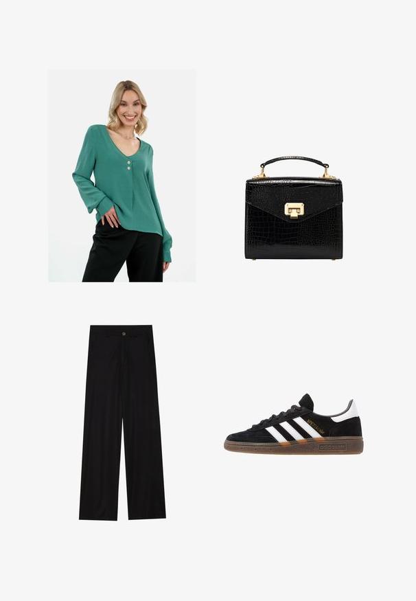 Türkise Bluse mit langen Ärmeln und V-Ausschnitt, drei Knopf-Details und lässiger Passform. Der Stoff ist glatt mit subtiler Textur. Kombiniert mit schwarzen Hosen.; Schwarz weit geschnittene Hose aus einem glatten Stoff, mit frontalen Taschen und einem Knopfverschluss an der Taille. Minimalistisches Design ohne Muster.; Schwarzer Adidas Sneaker mit weißen Streifen, goldenem "Spezial"-Text, Gummisohle und weißem Fersenbereich, seitliche Ansicht.; Schwarze Handtasche aus Kunstleder im Krokodil-Look mit strukturiertem Design, goldfarbenen Akzenten, einem oberen Tragegriff und einem magnetischen Klappverschluss.