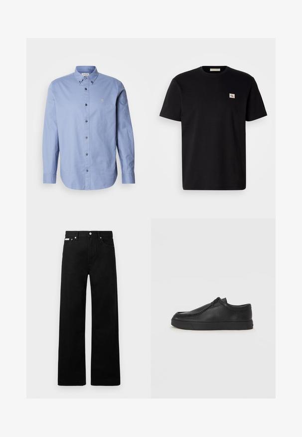 Camisa azul claro de botões com mangas longas, feita de um tecido suave. Possui um colarinho clássico, botões pretos e um pequeno logotipo no peito.; T-shirt de algodão preto com mangas curtas, gola redonda e um pequeno logotipo bordado no lado esquerdo do peito. Textura suave, corte regular.; Calças de ganga pretas com um design de pernas largas, apresentando cinco bolsos e fechos metálicos. Textura suave, sem padrões visíveis.; Sapata slip-on de couro preto com biqueira arredondada, detalhes cosidos e sola de borracha preta. Textura suave com design minimalista.