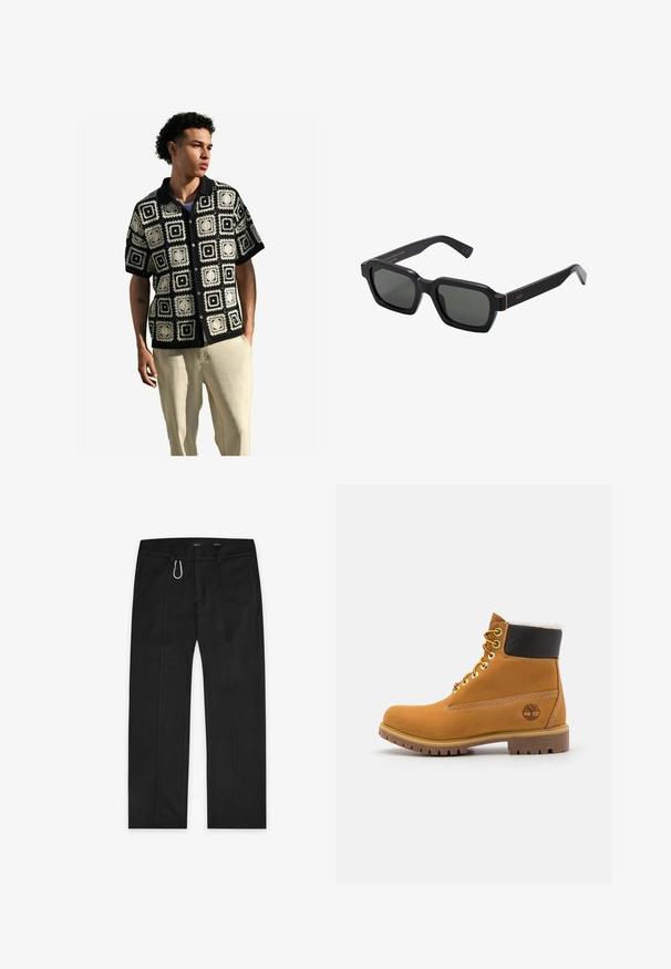 Next - Koszula; Czarne spodnie wykonane z tkanej tkaniny, z prostym krojem nogawki, dwiema bocznymi kieszeniami, zamkiem błyskawicznym z przodu oraz zewnętrznym detalem w postaci pętli.; Brązowy skórzany but za kostkę z metalowymi oczkami, białym futerkiem w środku, czarnym wyściółką, solidną podeszwą i wytłoczonym logo po boku.; Czarne, kwadratowe okulary przeciwsłoneczne z szarymi soczewkami. Grube plastikowe oprawki mają złote akcenty i logo na skroni. Gładka tekstura.