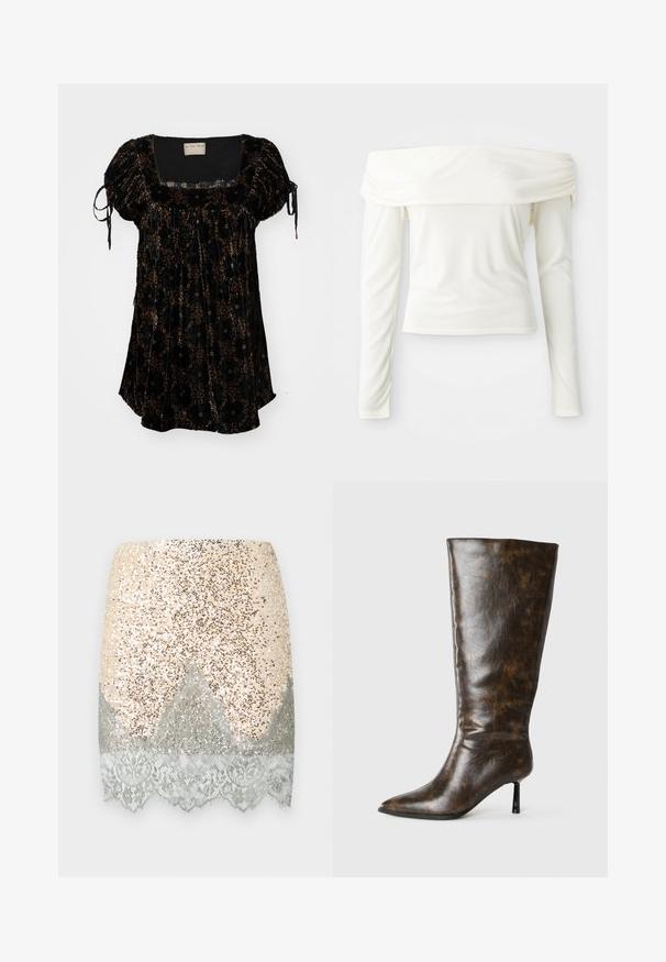 Black velvet top with a square neckline, puffed sleeves, and floral patterns in brown and gold. Features adjustable ties at the sleeves.; Off-the-shoulder long-sleeve top in cream white, made of smooth fabric with a fitted silhouette and gathered detail at the neckline.; Short sequined skirt in beige with silver accents, featuring a lace trim at the hemline. Smooth texture with a shiny, reflective surface.; Brown distressed leather knee-high boot with pointed toe and thin stiletto heel on a white background.