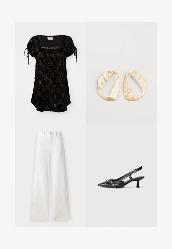 Top de veludo preto com decote quadrado, mangas sobressaídas e padrões florais em castanho e ouro. Possui laços ajustáveis nas mangas.; Calças de ganga brancas de perna larga com padrões de bordado lateral e design tradicional de cinco bolsos. Fecho com zíper e botão.; Sapato slingback em couro preto com biqueira fina, tiras decorativas com ilhós de metal e um pequeno salto quadrado. Superfície texturizada.; Par de brincos irregulares em forma oval, feitos de metal dourado, com uma superfície texturizada e ligeiramente martelada, sobre um fundo branco.