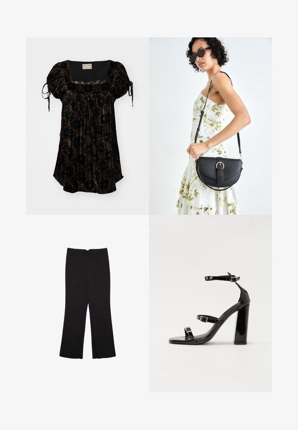 Črni žametni top s kvadratnim izrezom, napihnjenimi rokavi in cvetličnimi vzorci v rjavi in zlati barvi. Ima nastavljive vezi na rokavih.; Črne hlače ravnega kroja z naglavnimi žepi in stranskimi razporki na robu. Narejene iz mehke, gladke tkanine. Primerne za različne priložnosti.; Črne lakirane sandale s peto, kvadratnim prstom, trakovi okrog gležnja in srebrnimi zaponkami. Opremljene so s stabilno Debelo peto.; Črna usnjena torbica s ukrivljeno obliko, z odstranljivo naramnico in zlatimi dodatki. Torbica ima pokrov s podrobnostmi v obliki zaponke.