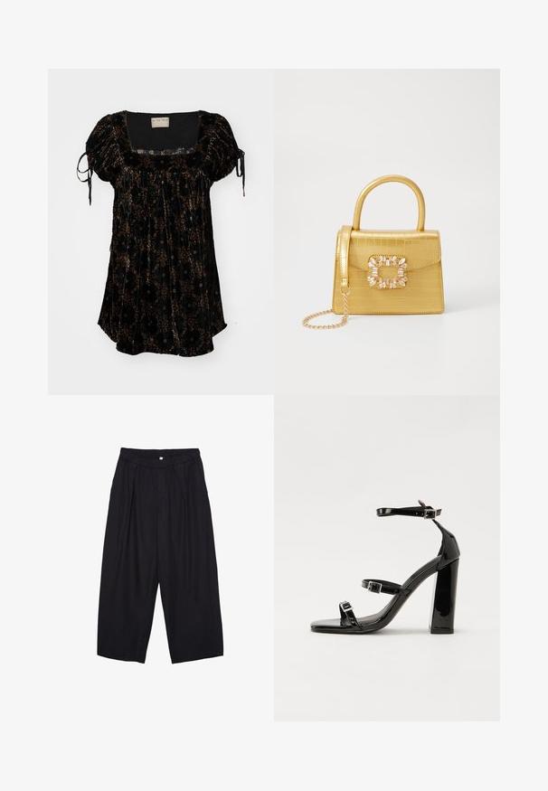 Crna baršunasta majica s kvadratnim izrezom, napuhanim rukavima i cvjetnim uzorcima u smeškastim i zlatnim tonovima. Sadrži podesive vrpce na rukavima.; Crne poliester hlače culotte s elastičnim pojasom, dva prednja nabora i širokim krojem. Nema vidljivih uzoraka ili metalnih detalja.; Crne lakirane sandale na pete sa kvadratnim nosom, trakama oko gležnja i srebrnim kopčama. Imaju čvrst blok petu za stabilnost.; Žuta torbica od umjetnog krokodila sa strukturiranim dizajnom, gornjom ručkom, odvojivim lančićem i dekorativnim kristalnim ukrasom na kopči.