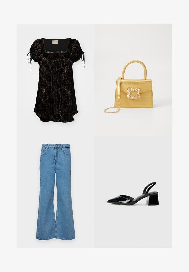 Mustapellavillinen toppi neliönmuotoisella pääntiellä, puffihuput ja ruskeita ja kultaisia kukkakuoseja. Varusteena säädettävät nyörit hihoissa.; Vaaleansiniset leveälahkeiset farkut, joissa on korkea vyötärö, viisi taskua ja yksi napin sulkeminen. Pehmeä pinta, jossa on haalistunut viimeistely.; Mustat patentoitu nahkakengät, joissa on säären takaosa ja terävä kärki, sekä geometrinen palikkakorko. Sisältää tyylikkään, minimalistisen muotoilun ja sileän pinnan.; Keltainen keinonahkainen krokotiililaukku, jossa on jämäkkä muotoilu, yläkahva, irrotettava ketjusanka ja koristeellinen kristallikoristelu lukossa.