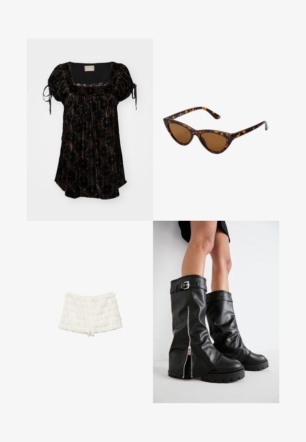Czarna aksamitna bluzka z kwadratowym dekoltem, bufiastymi rękawami i kwiatowymi wzorami w odcieniach brązu i złota. Posiada regulowane sznurki przy rękawach.; Stradivarius - Szorty; Czarne skórzane kozaki do kolan o szerokiej cholewce, z bocznym zamkiem błyskawicznym i akcentem w postaci klamry, o teksturowanym wykończeniu i masywnej gumowej podeszwie.; Okulary przeciwsłoneczne w kształcie kocich oczu z czarno-pomarańczową oprawą w deseń żółwia, brązowymi soczewkami i eleganckimi, spiczastymi końcówkami. Posiadają minimalistyczne logo na zauszniku.
