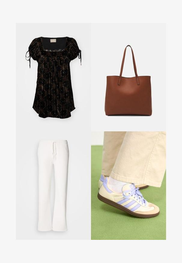 Svart fløyelsgenser med firkantet halslinje, puffede ermer og blomsterdekor i brunt og gull. Har justerbare bånd på ermene.; Hvite, avslappede joggebukser laget av myk stoff, med elastisk liv med snor og rett ben-design.; Kremfargede og lavendelfargede joggesko med tre striper og en teksturert brun såle, med lisser og en polstret hæl. Mykt stofføvre.; Brun lær tote veske med en jevn tekstur, åpen toppdesign og to skulderstropper. Har minimal søm og ingen synlige spiker.