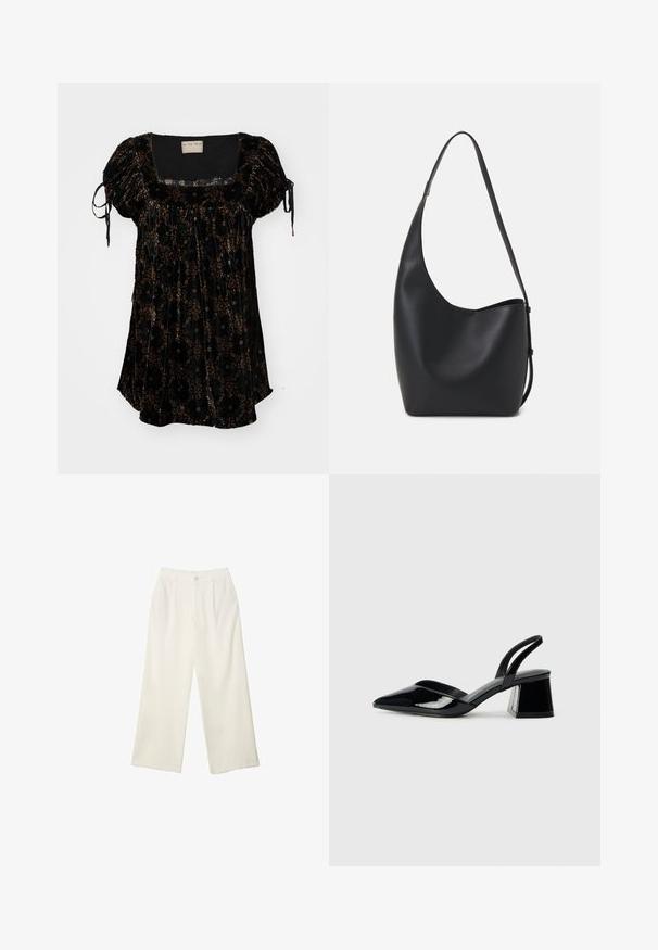Čierny sametový top so štvorcovým výstrihom, nariasenými rukávmi a kvetinovými vzormi v hnedej a zlatej farbe. Obsahuje nastaviteľné viazanie na rukávoch.; Široké nohavice z krémovej látky s hladkou textúrou, s jedným predným gombíkom, jemnými skladmi a vysokým pásom.; Čierne lakované kožené sandálové podpätky s špicatou špičkou a geometrickým blokovým podpätkom. Disponujú elegantným, minimalistickým dizajnom a hladkým povrchom.; Čierna kožená hobo taška so hladkou textúrou, zakriveným tvarom a jedným nastaviteľným popruhom; má široké otvorenie na vrchu.