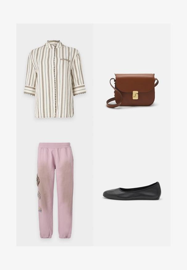 Lengvas, kreminės spalvos marškiniai su vertikaliomis rudomis juostelėmis, mandarinų apykakle, pusėmis rankovėmis ir dekoratyviniais mygtukais palei plokštę.; Balta trumpa rankovėmis marškinėliai, pagaminti iš pasiruošusio audinio. Apvali iškirptė, reguliari tinkamumas ir subtilūs siuvimo detalės. Be raštų ar grafikos.; Rožinės sportinės kelnės su elastinga juosta, kairėje pusėje dekoruotos rombo formos aplikacijomis ir elastingais užkulniais.; Juodai odiniai baletai su apvaliu pirštu, lygi texture, minimalus siuvimo detales ir lanksčiu padų dizainu.; Ruda odinė rankinė su uždaromu dangteliu, aukso spalvos detalėmis, petneša ir lygiu paviršiumi. Kompaktiška stačiakampio formos.