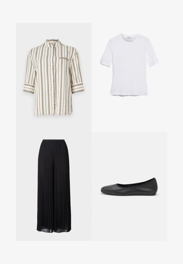 Lightweight, cream-colored shirt with vertical brown stripes, mandarin collar, half sleeves, and decorative button accents along the placket.; White short-sleeve t-shirt made of ribbed fabric. Round neckline, regular fit, and subtle stitching details. No patterns or graphics.; Black pleated wide-leg trousers with an elastic waistband. Made of lightweight fabric, featuring vertical folds throughout.; Black leather ballet flat with a rounded toe, smooth texture, minimal stitching detail, and a flexible sole design.