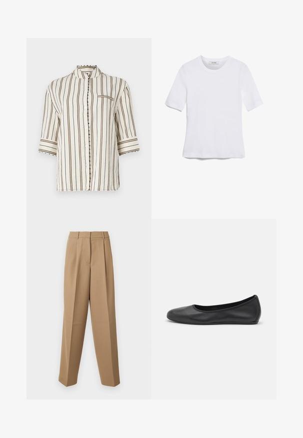 Leichtes, cremefarbenes Hemd mit senkrechten braunen Streifen, Mandarin-Kragen, halben Ärmeln und dekorativen Knopfakzenten entlang der Knopfleiste.; Weißes kurzärmliges T-Shirt aus geripptem Stoff. Runder Halsausschnitt, normale Passform und dezente Nähte. Keine Muster oder Grafiken.; Beige maßgeschneiderte Hose mit hoher Taille, gefaltetem Vorderteil und weitem Bein. Der Stoff wirkt glatt mit einem leichten Glanz.; Schwarze Leder-Ballettschuhe mit abgerundeter Spitze, glatter Textur, minimalen Nähdetails und einem flexiblen Sohlen-Design.