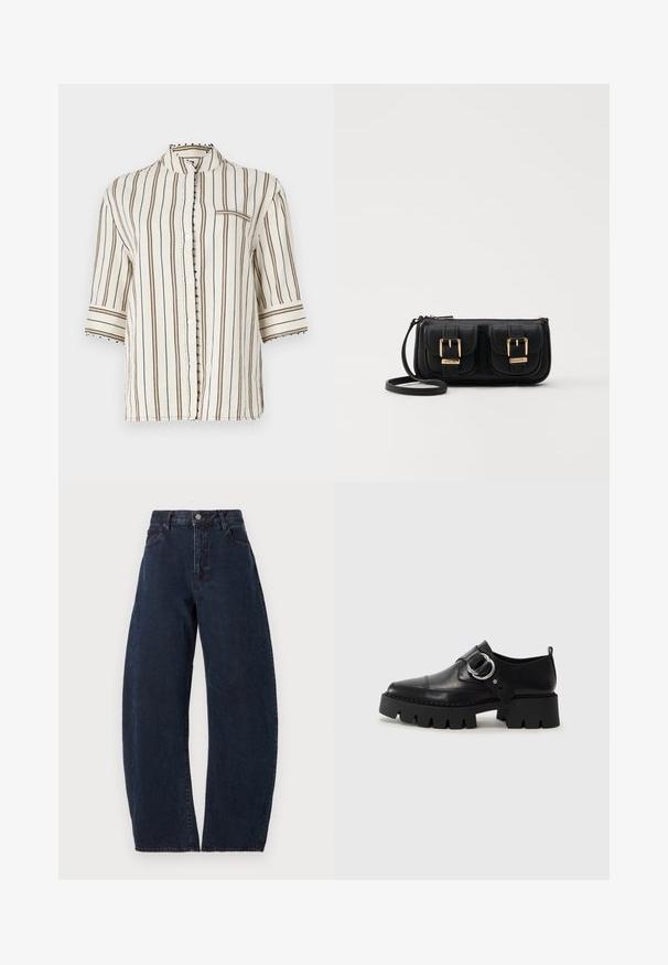 Lahka, smetanasta srajca z navpičnimi rjavimi črtami, mandarin ovratnikom, polovicami rokavov in dekorativnimi gumbi ob zapenjanju.; Visoko pasovi, široke hlače iz temno modrega denima. Imajo gumbasto zapiranje, pet žepov in subtilno teksturo. Brez vidnih vzorcev ali dodatkov.; Črne usnjene čevlje z debelim, rebrastim podplatom, ki imajo okroglo srebrno kovinsko dodatno opremo in minimalne šive.; Črna usnjena torbica čez ramo z dvema sprednjima žepoma, zlatimi zaponkami, zadrgo in ozkim pasom. Tekstura površine je strukturirana, obliko pa ima kompaktno pravokotno.