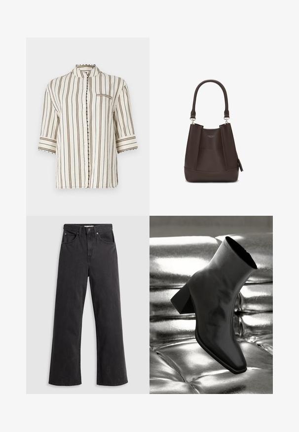 Könnyű, krémszínű ing függőleges barna csíkokkal, mandarin gallérral, félhosszú ujjakkal és dekoratív gombdíszítésekkel a gombolás mentén.; Fekete farmer széles lábacskájú nadrág magas derékkal, öt zsebbel és fémből készült gombos záródással. Az anyag sima, enyhén fakó textúrájú.; Fekete bokacsizma fényes anyagból, négyzetes orral és szűkített sarkú, egy csillogó ezüst kárpitozott háttér előtt.; Carlheim ADALINE - Kézitáska - brown