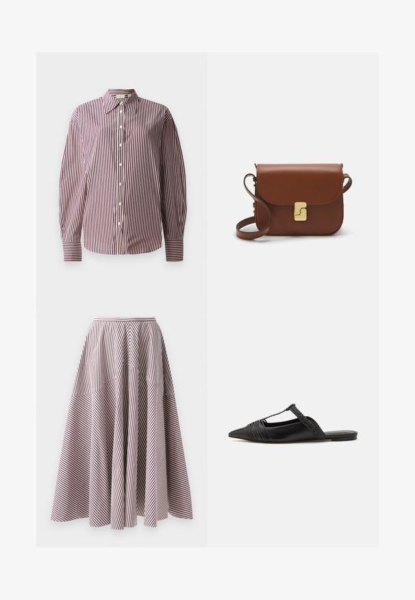 Ilgų rankovių mygtukų priekyje marškiniai su bordo ir baltais vertikaliais dryžiais, klasikinis apykaklė ir rankogaliai.; Dryžuota sijonas su vertikaliomis baltomis ir bordo linijomis, turintis platų dizainą ir susiraukšlėjusią tekstūrą ties juosmeniu, pagamintas iš lengvos medžiagos.; Juodos odinės slingback bateliai su smailiu pirštu, turintys audinį akcentą ir raukšlėtą viršutinį dizainą. Lygus padas su minimaliais aksesuarais.; Ruda odinė rankinė su uždaromu dangteliu, aukso spalvos detalėmis, petneša ir lygiu paviršiumi. Kompaktiška stačiakampio formos.