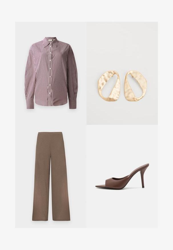 Camicia a maniche lunghe con bottoni, caratterizzata da un motivo a righe verticali marrone e bianche, con colletto classico e maniche con polsini.; Pantaloni marroni a gamba larga con vita piatta, senza tasche o chiusure visibili, esposti su uno sfondo bianco.; Mule aperti con tacco alto in pelle marrone, dal design elegante, caratterizzati da una larga fascia anteriore e un sottile tacco a stiletto.; Un paio di orecchini in metallo di tonalità dorata, di forma ovale irregolare, con superficie texturizzata e leggermente martellata, su uno sfondo bianco.