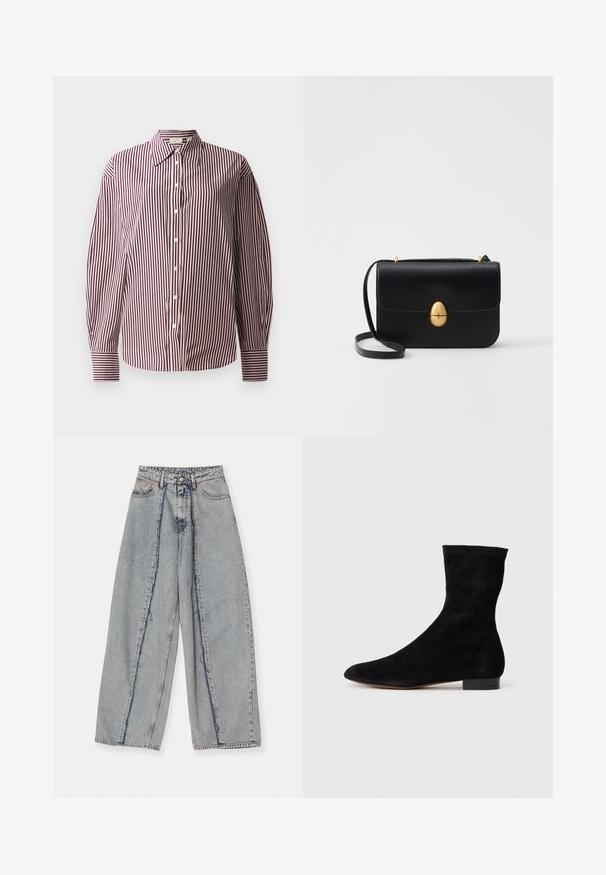 Pikendega nööpidega särk, millel on tumepunane ja valge vertikaalne triibuline muster, klassikalise krae ja mansettidega varrukad.; Heledad sinine laiem jalgadega teksad, millel on friteeritud servad, kõrge vöökoht ja kontrastsed õmblused. Valmistatud denimist, näidates lahedat sobivust ja minimaalset kulumist.; Musthave mustan nahast pahkluu saabas, millel on kitsas vars, terav nina ja madal plokk-konts. Pehme tekstuur ja minimalistlik disain, sobib mitmekesiseks stiliseerimiseks.; Must kase nahast käekott, millel on struktureeritud ristkülikukujuline kuju. Omab kuldset ovaalset lukku ja õhukest õlavarre rihma. Sile tekstuur.