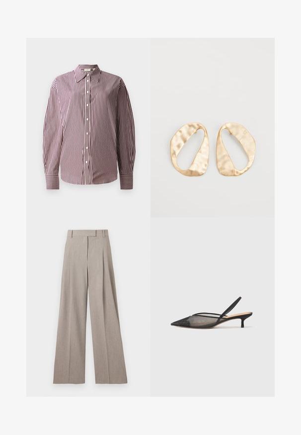 Košeľa s dlhým rukávom a zapínaním na gombíky, zdobená marhuľovočervenými a bielymi vertikálnymi pruhmi, s klasickým golierom a manžetami.; By Malene Birger BARIA - Nohavice - grey brown melange; NEOUS IRENA - Klasické lodičky na opätku - black; Pár nepravidelných oválnych zlatistých kovových náušníc s textúrovaným, mierne rozbitým povrchom na bielom pozadí.