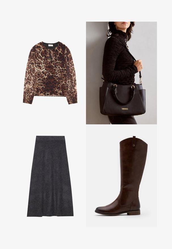 Leopard print blouse with a round neckline and tie detail, featuring long sheer sleeves. The fabric has a lightweight, smooth texture.; Dark gray, knee-length knit skirt with a smooth texture and a waistband. A-line silhouette with even hem, designed for comfort and versatility.; Brown knee-high boots made of smooth leather, featuring a rounded toe, low stacked heel, and a subtle stitching pattern along the sides.; Black handbag with textured surface, dual top handles, and adjustable shoulder strap. Features gold-tone hardware and side pockets.